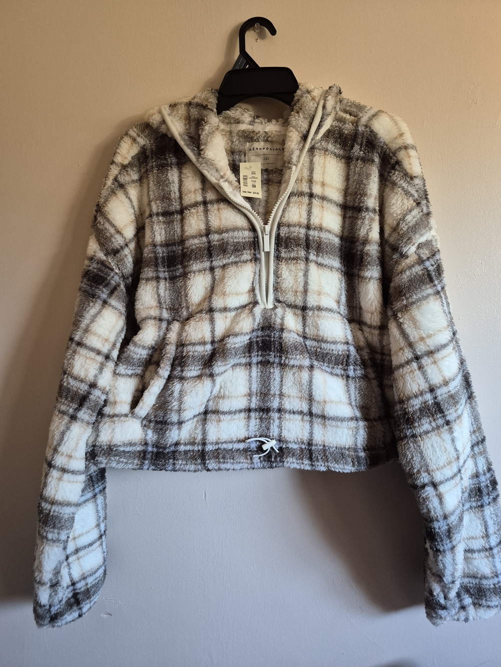 Cozy Womens Plaid Half-Zip Sherpa Hoodie - Cream & Brown Size XXL